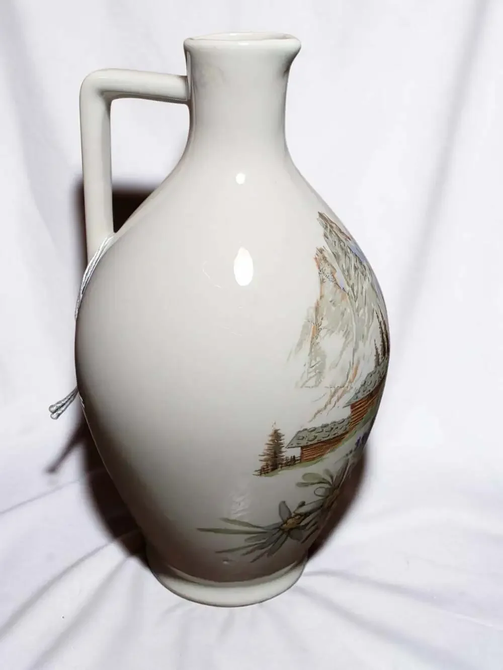 Porcelain Jug Pitcher w/ Painted Mountain Scene Marked Mind. Jnh 0.3501